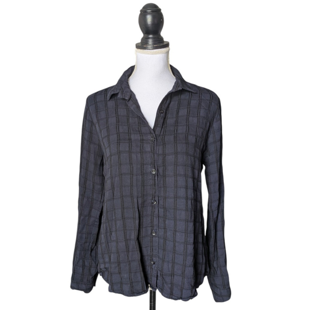 Maven West Navy Blue Black Plaid Split Back Long Roll Tab Sleeve Button Down XS